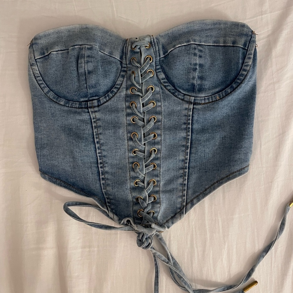 Denim strapless lace up corset top